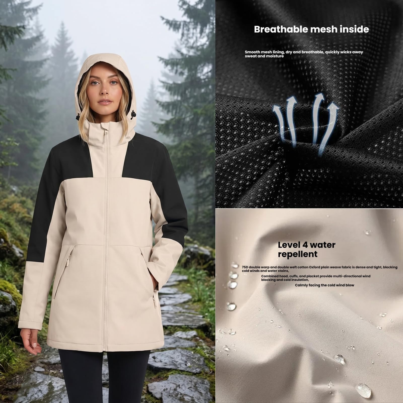 Veste de randonnée pour femme avec fermeture éclair, poncho, pluie, vêtements de pluie légers pour la randonnée, le camping, les activités de plein air