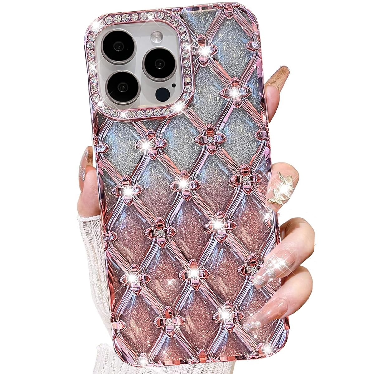 Changjia for iPhone 16 Pro Max Glitter Bling Case,Cute Luxury 3D Sparkle Rhinestone Diamond Flower Soft TPU Plating Bumper Shockproof Women Girls Slim