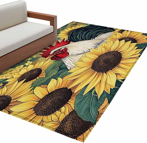 Miniatura 2 de 2.7x5 Area Rugs, Retro Rooster Non-Skid Rubber Backing Large Rectangle Rugs - Living Room Bedroom Home Office, Sunflower Farmhouse Animals