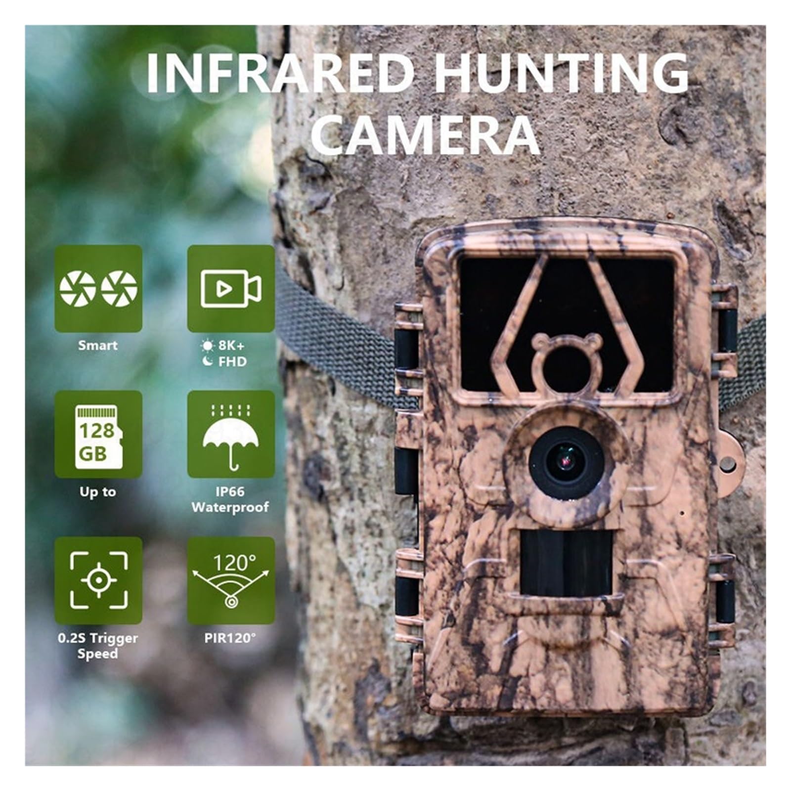 Cámara Vida Silvestre Cámaras De Rastreo 60MP 8K Bluetooth Compatible con Aplicación For Caza Animales Al Aire Libre Visión Nocturna Infrarroja Y Monitoreo Vida Silvestre PR801W(128G Card)
