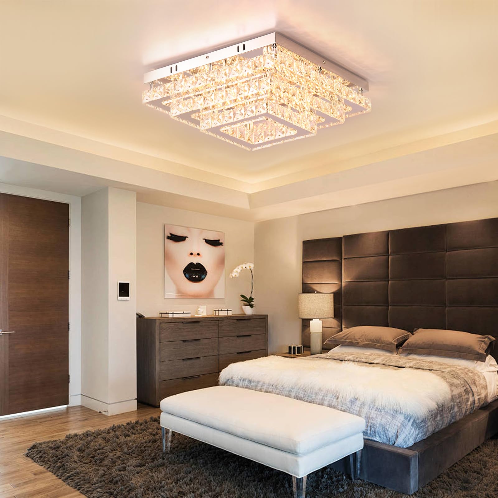Fintonglan Plafón LED de Cristal Cuadrado 38 cm Regulable, 3 Niveles Semiempotrado de Acero Inoxidable, Lámpara de Techo Moderna para Dormitorio, Salón y Comedor