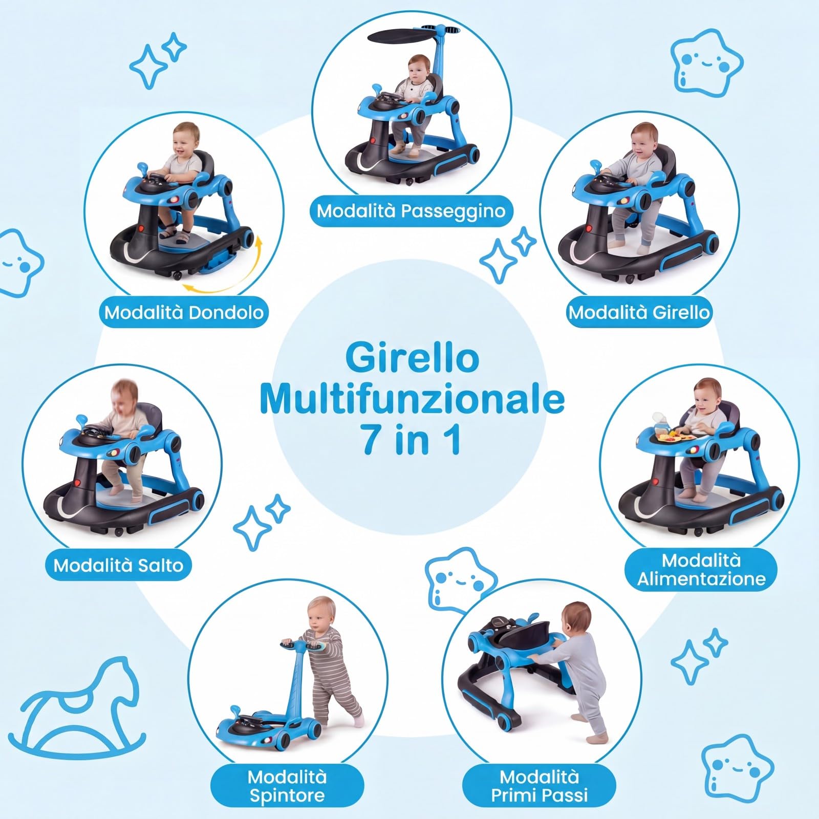 COSTWAY Girello per Bambini 6-in-1 Evolutivo, Centro Attività Pieghevole con Maniglia, Regolazione Altezza/Velocità, con Musica, Luci Tenda, per Neonati 6-18 Mesi (Nero+Blu)