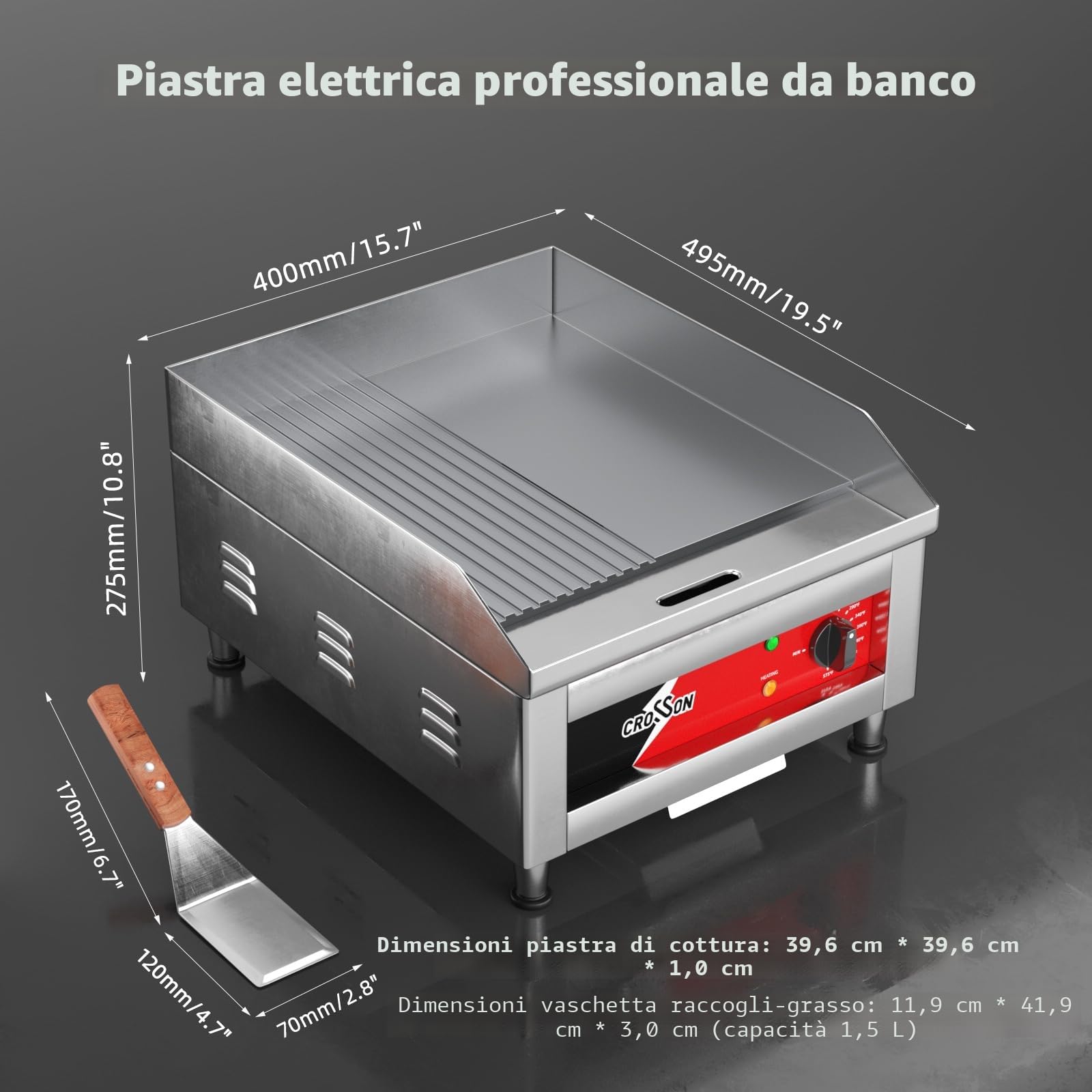 CROSSON Piastra Elettrica per Grigliare Professionale 1750W,40 x 40 CM Piastra Fry Top Elettrica Inox con Scanalatura,Temperatura Regolabile 88-300°C con Spatola per Ristoranti Luoghi Pubblici