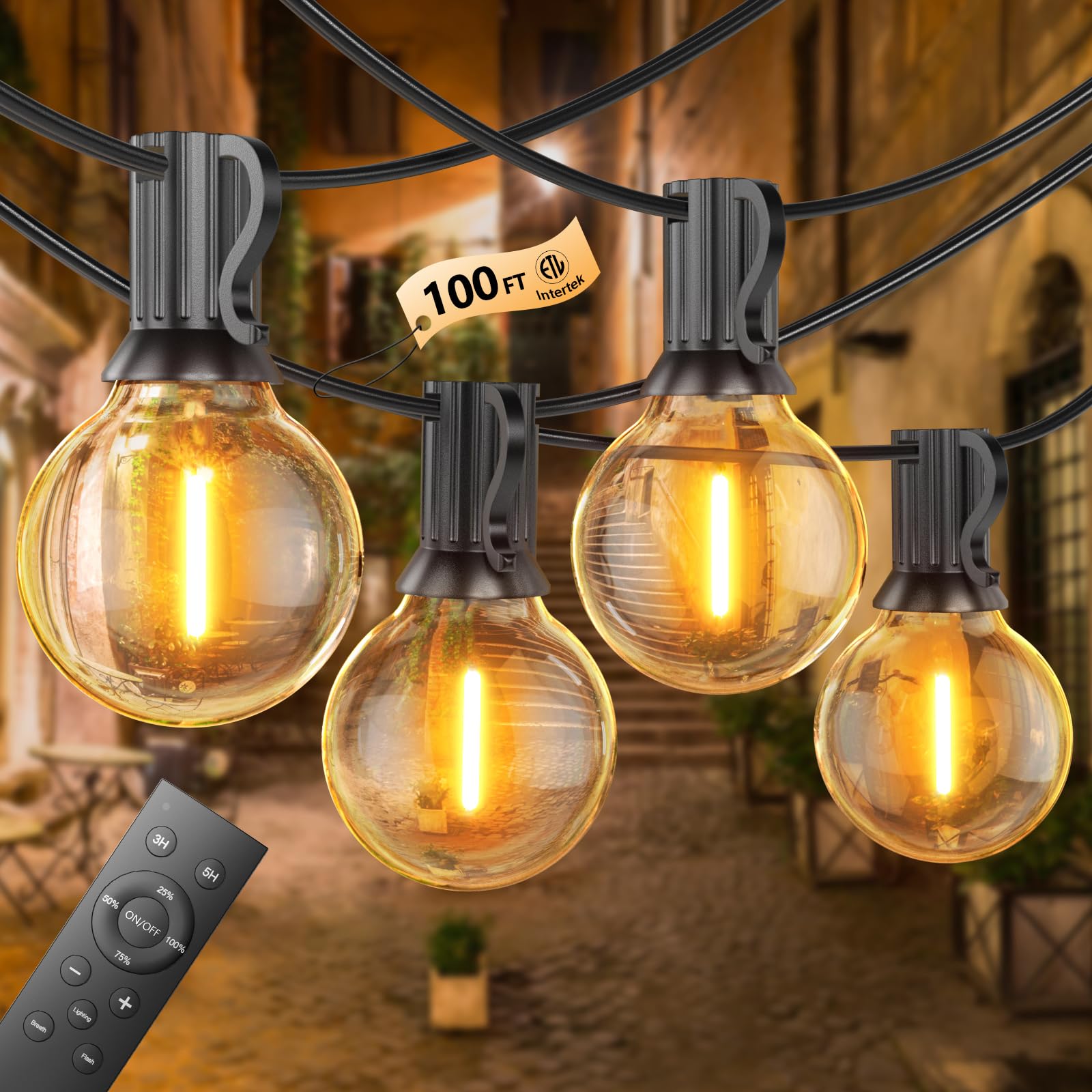 Lichterkette Außen 30m, Dimmbare Lichterkette Outdoor Strom mit Fernbedienung, 50+2 Warmweiß Glühbirnen, IP45 Wasserdicht für Garten, Balkon, Terrasse, Camping und Party
