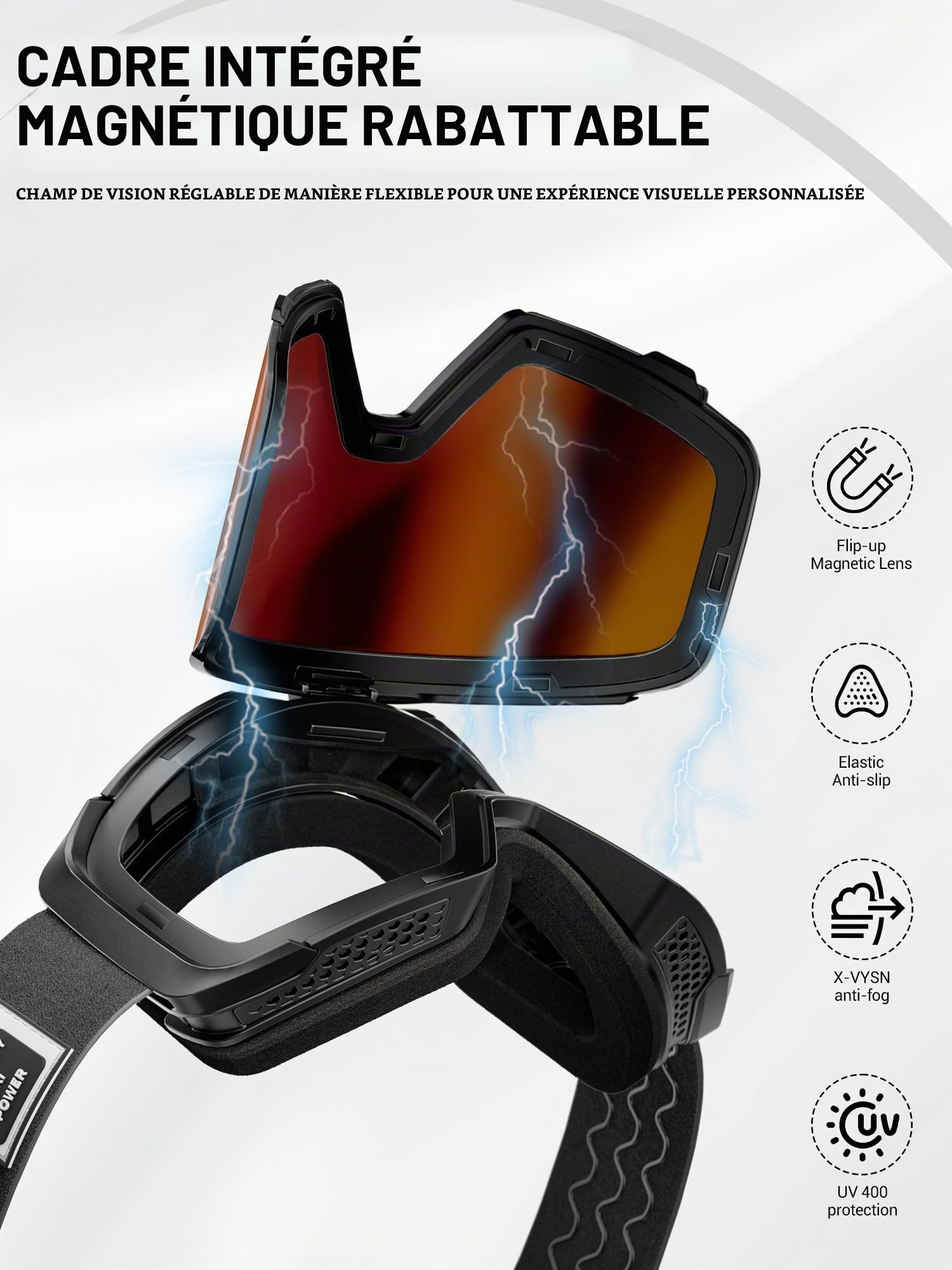 KAPVOE Masque de Ski avec Lentilles Photochromiques & Colorées - Lentille Magnétique à Basculement Anti-Buée UV400 OTG - Compatible avec Casque Hommes Femmes K724