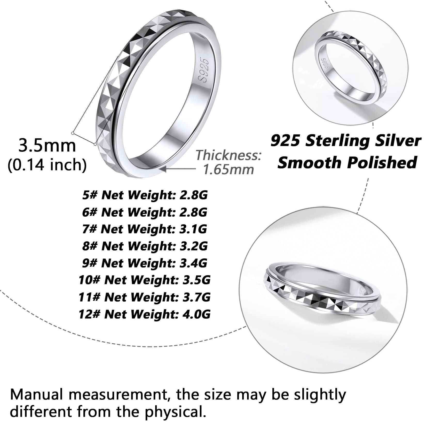 Silvora Damen Spinner Ring 925 Sterling Silber drehbarer Fingerring 3mm Schlichter Schmaler Sandstrahl Drehring Bandring Ringgröße 49.3（15.75）-67.2（21.25） für Verlobungsring Ehering Hochzeitsring