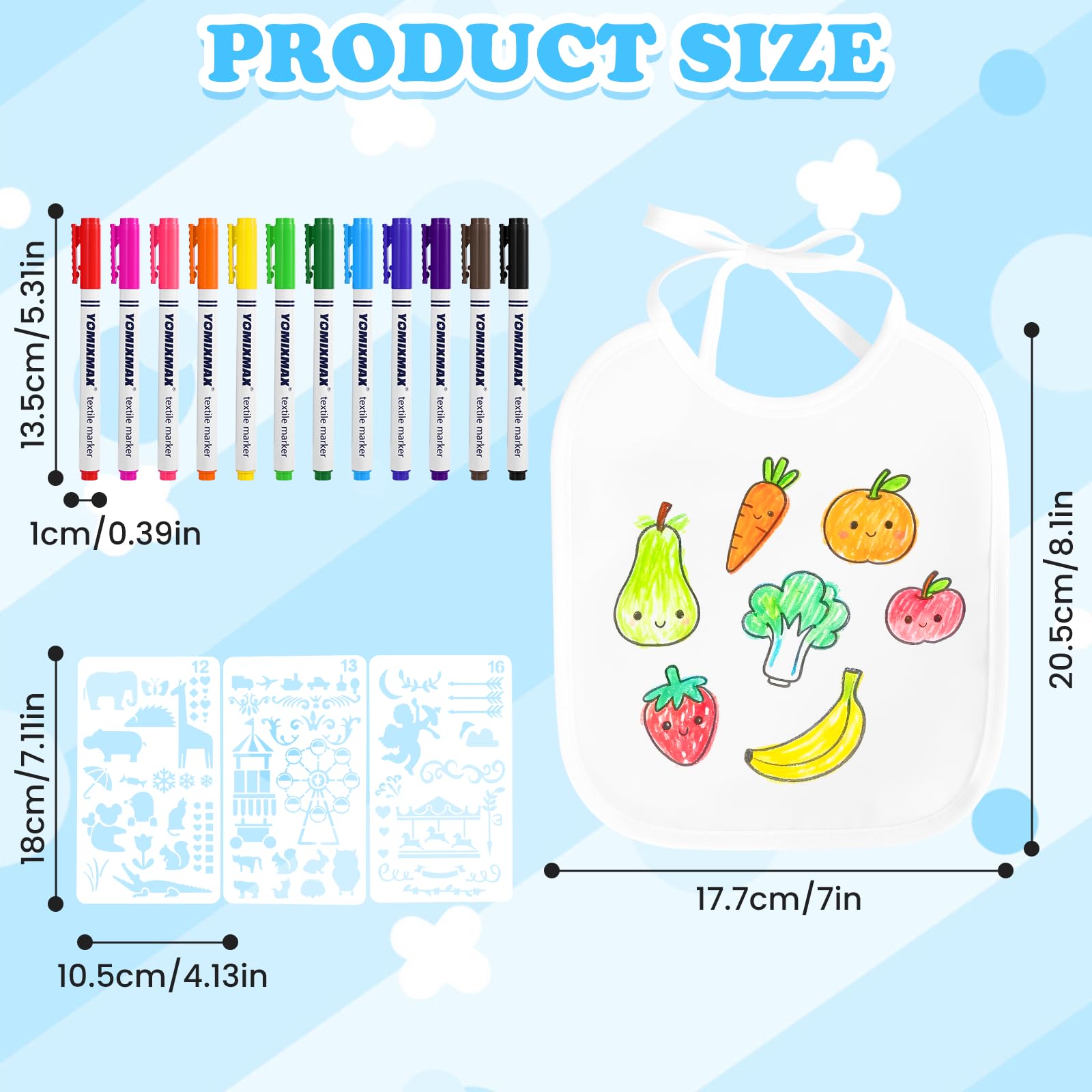 Zorplex 12 Sztuk Śliniaków do Pomalowania, Dwustronne i Wodoodporne, z 12 Pisakami Tekstylnymi i 3 Szablonami do Malowania, Kreatywny Prezent DIY na Baby Shower Dla Chłopców i Dziewczynek