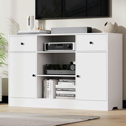 Cozy Castle Moderno soporte de TV para televisores de hasta 65 pulgadas, soporte de TV con cajones y puertas, centro de entretenimiento alto con