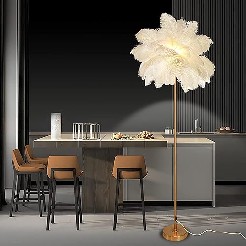 pombconw Lámpara de pie de pluma lámpara de pie de 63 pulgadas con plumas de avestruz lámpara de plumas de metal con interruptor en línea lámparas