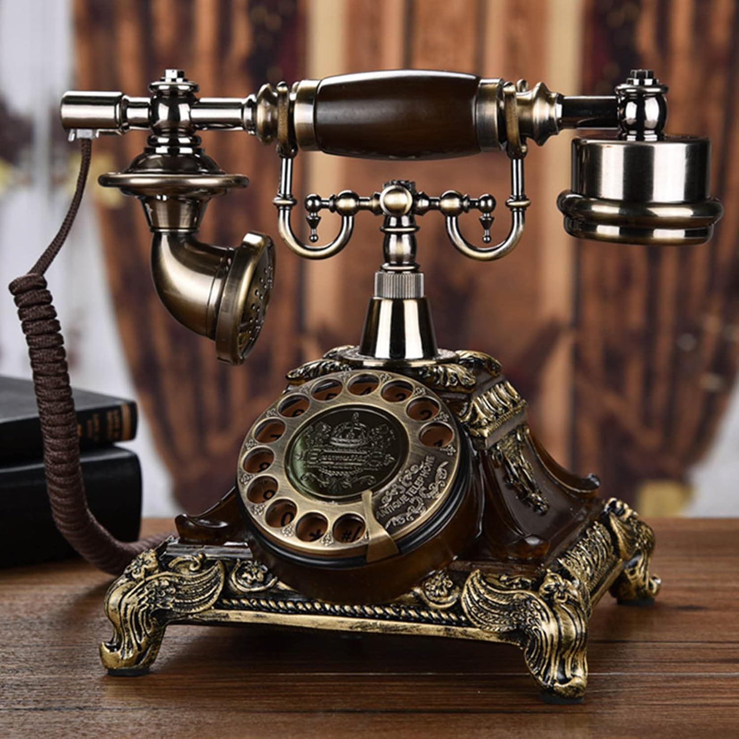 Vintage Telephone Antique Desk Phone Old Fashioned Rotary Dialing Landline Phones Retro Corded Decorative Telephone,Brown