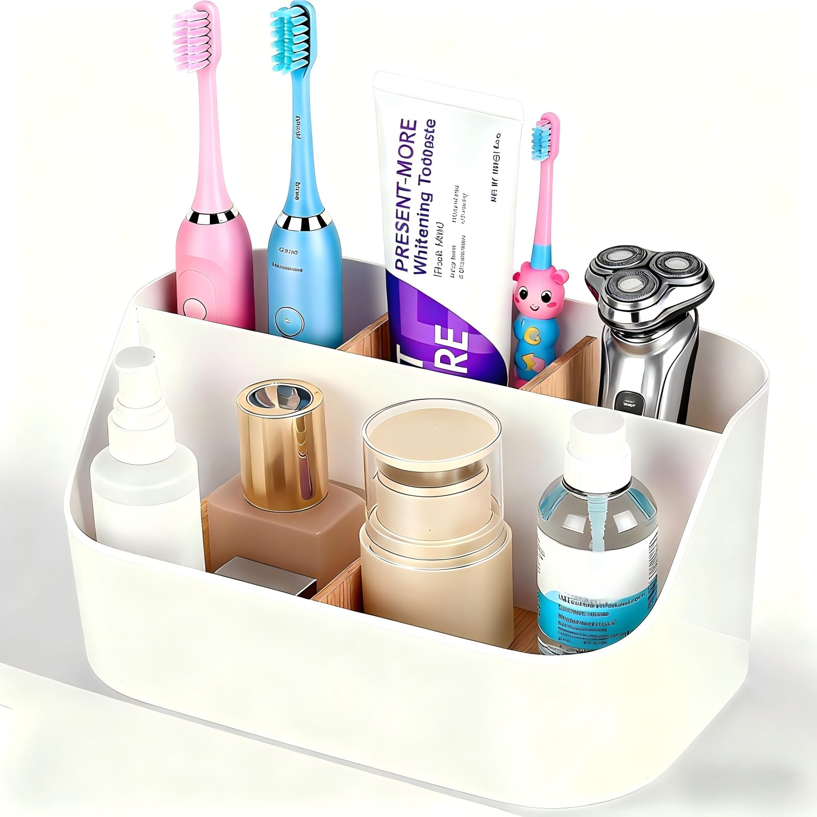 DAMIK Toothbrush Holder Bathroom Storage: 5-Slot Bathroom Organiser Accessory with Detachable Bamboo Divider - for Electric Toothbrushes Razors - No Drilling & Easy to Clean Ideal for Family Homes