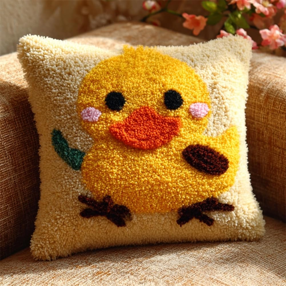 kitphoenix Pillow Latch Hook Kit Cute Duckling Pattern Rug Canvas Knit Cushion Embroidery 17"X17" (43X43 Cm) Carpet Crocheting