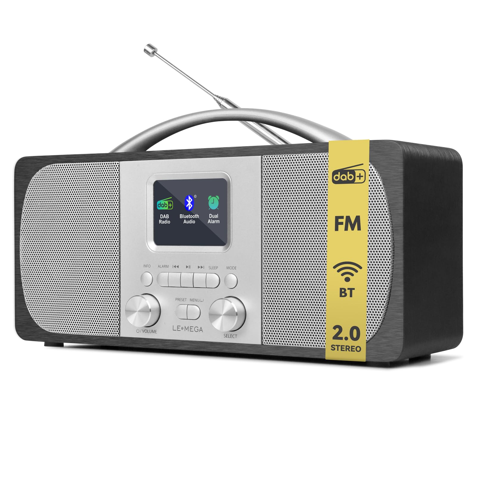 LEMEGA DR6 Radio Stereo Digitale DAB/FM,Radiosveglia con Bluetooth,Alimentazione a Batterie o Corrente,Radio DAB+ Elegante per Cucina o Camera con Struttura in Legno e Pannello Frontale in Metallo