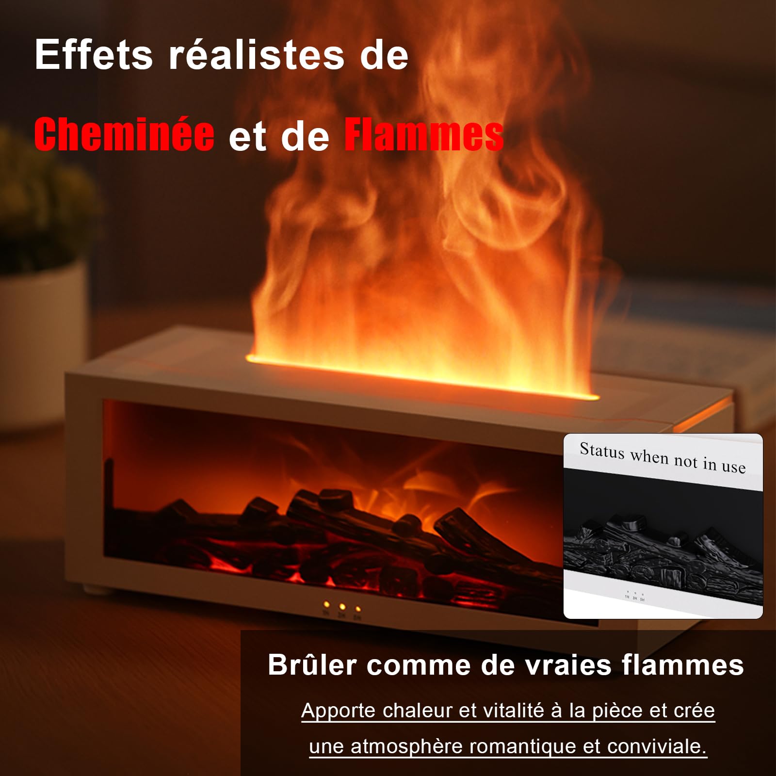 Diffuseur d'Huiles Essentielles 7 Couleurs avec Effet Flamme Dynamique, Humidificateur d'air 150ml USB, 4 Minuteries + Télécommande, Diffuseur Cheminée LED pour Bureau/Chambre