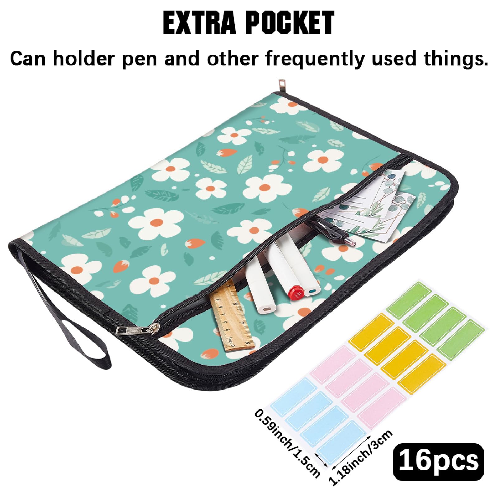 CRASPIRE Cartella Portadocumenti Espandibile con 13 Tasca Formato Lettera A4 con Cerniera Organizer per Documenti A Fisarmonica A Forma di Fiore Verde con Etichette Adesive Espandibile per Casa