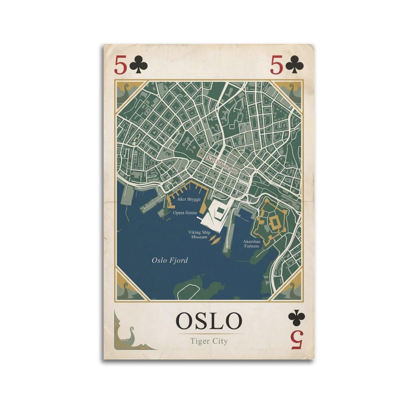 OKNGB Vintage City Map Poster Oslo Norway Fjord Playing Card Style Decorative Painting Canvas Art Picture 20x30inch(50x75cm)