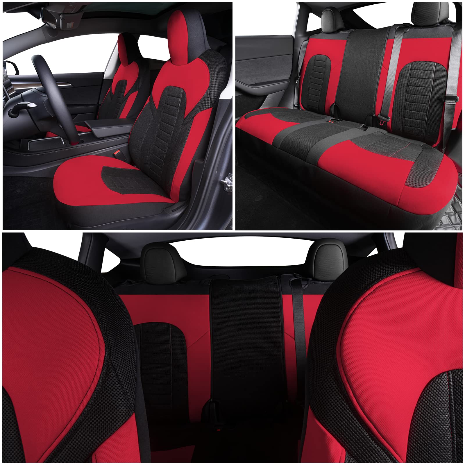 Photo 1 of TOYOUN Tesla Model Y Car Seat Covers Full Set 5 Seater Breathable Fabric Seat Covers for Tesla Model Y Custom Fit Tesla Model Y 2020 2021 2022 Tesla Model Y Seat Protector Accessories, Red & Black Mesh Red Model Y Full Set