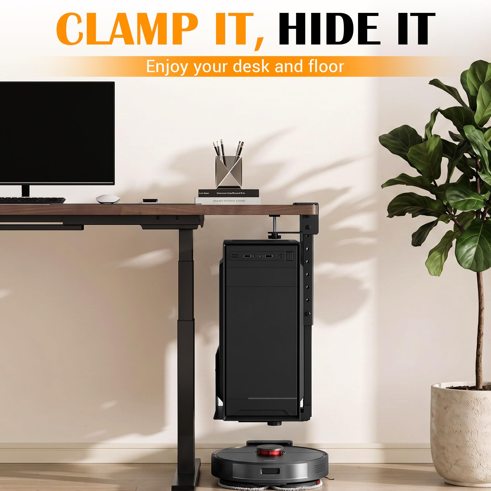 Hicarer PC-Halterung, kompatibel mit Desktop-Tower-Halterung, verstellbar, schwarz, Stahlhalterung für Zuhause, Büro, ohne Bohren, 34 bis 54 cm, Höhe 15 bis 25 cm, Breite 15 cm