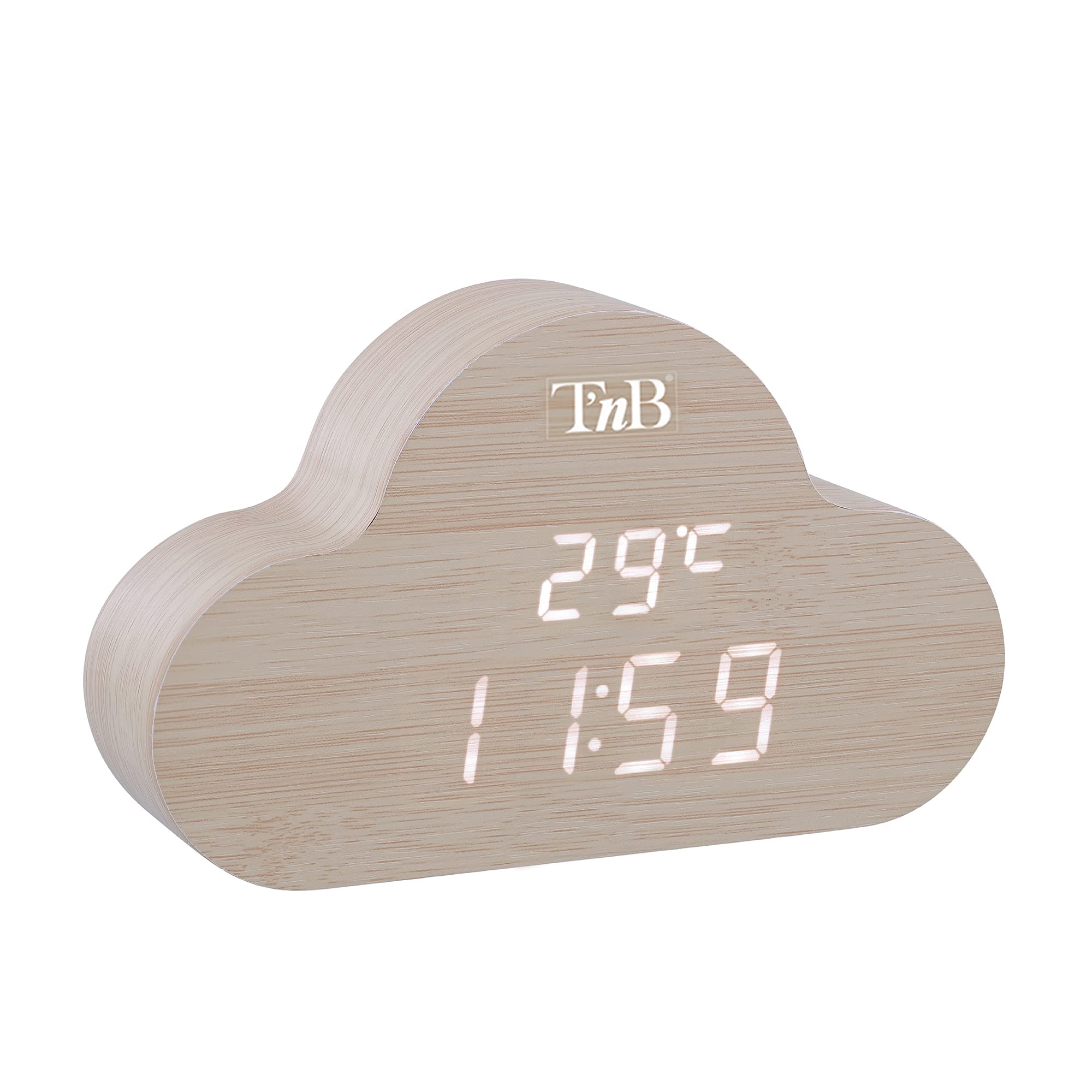 T'nB - Réveil Matin Numérique Cloudy, Alimentation Filaire sur Secteur, 3 Alarmes Programmables, Activation Vocale, Température Affichée, Luminosité Réglable, Mode Week-​End - Couleur Bois