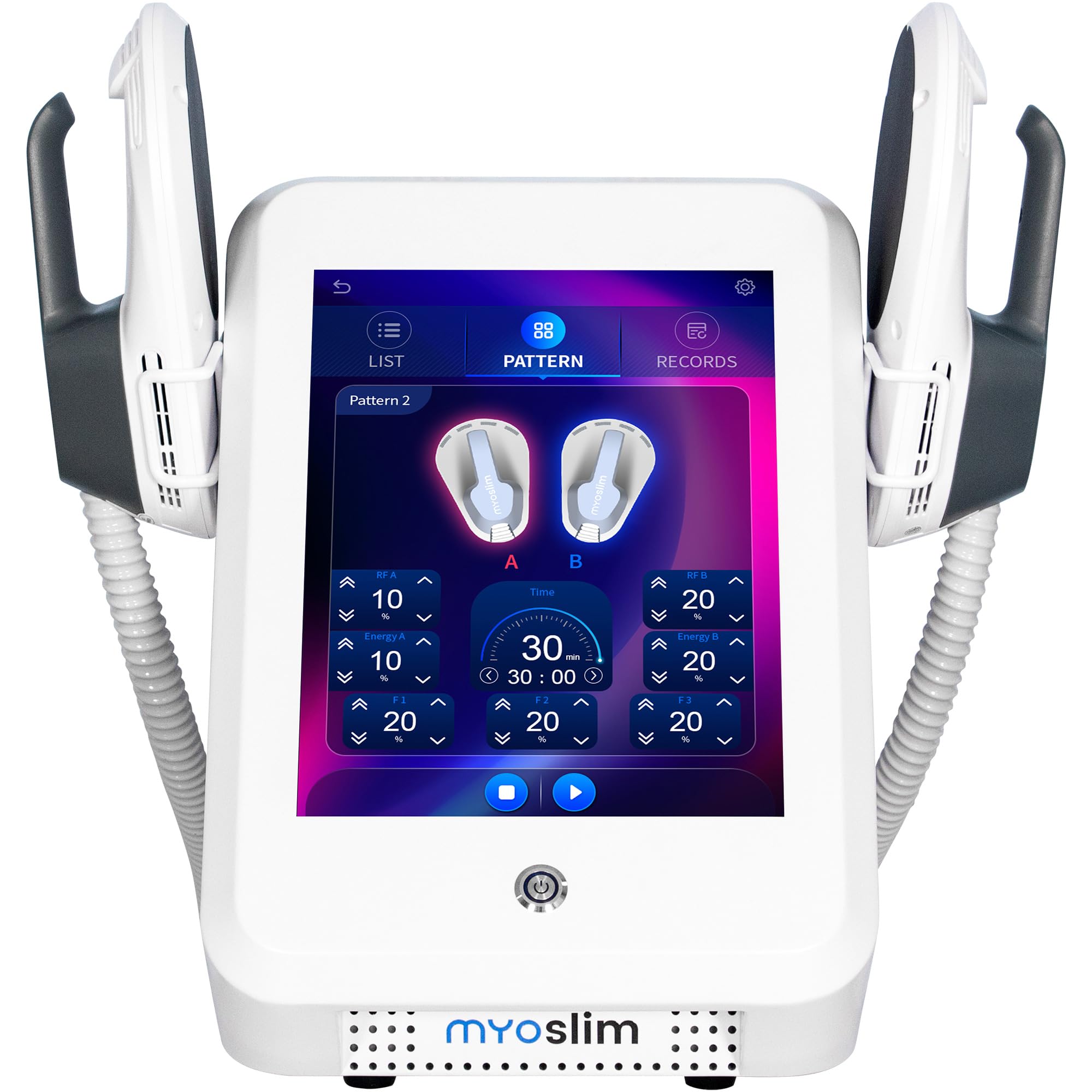 Dispositivo de electroestimulación muscular Myoslim, diseñado para el desarrollo muscular, el levantamiento de caderas y la pérdida de peso, para uso personal o comercial, color blanco.