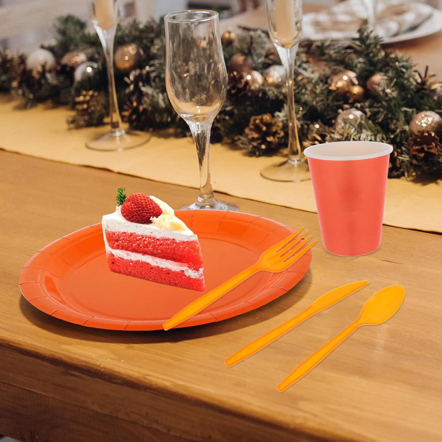 Zerodeko Bright Orange Party Decorations Tablecloth Plates Cups Napkins Cutlery for Birthdays Weddings Gatherings