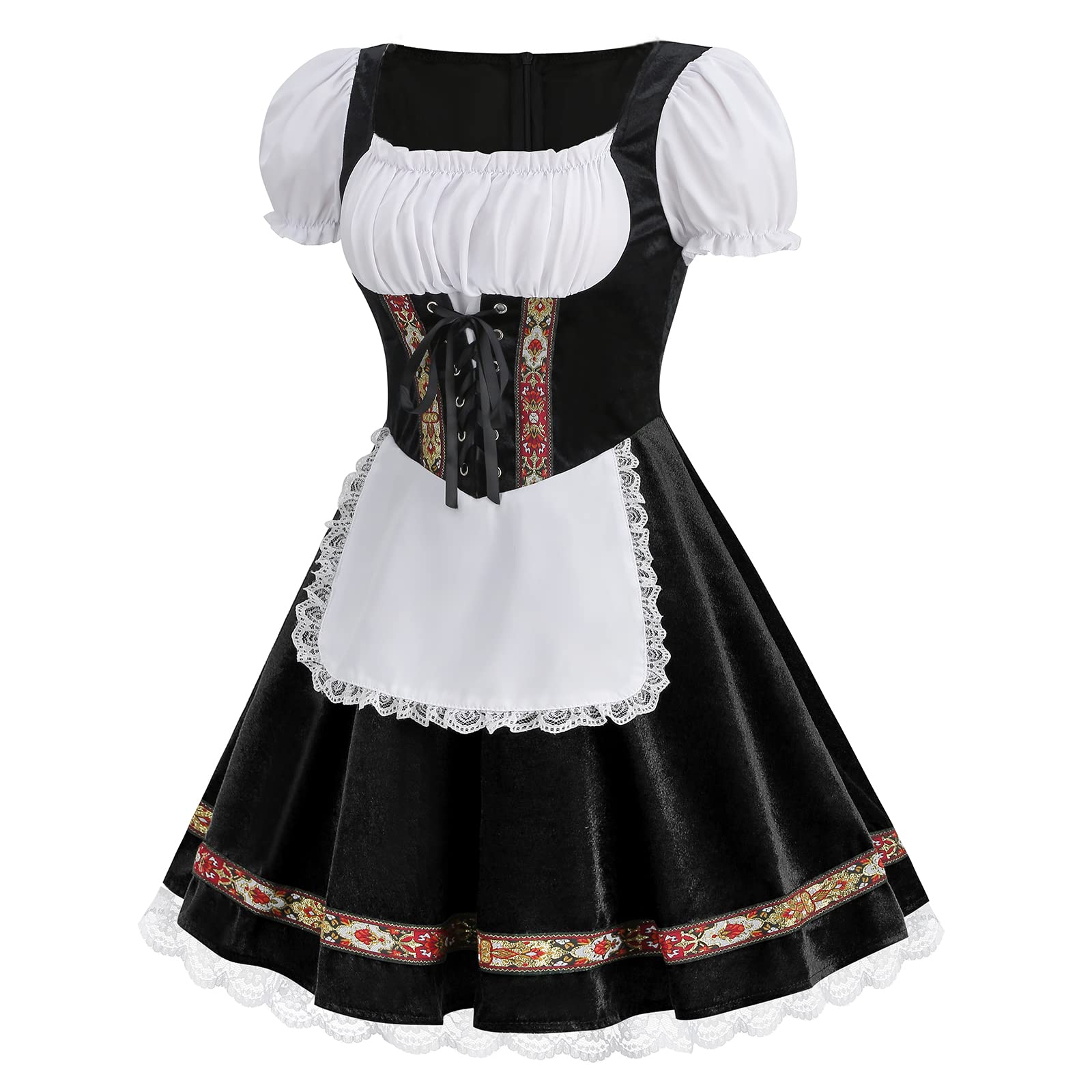 maxToonrain Oktoberfest Outfit Women Red,Women's German Beer Bavarnian Traditional Short Sleeve Velvet Halloween Costume Fancy Maid Dress for Womens(Black M) - Image 2