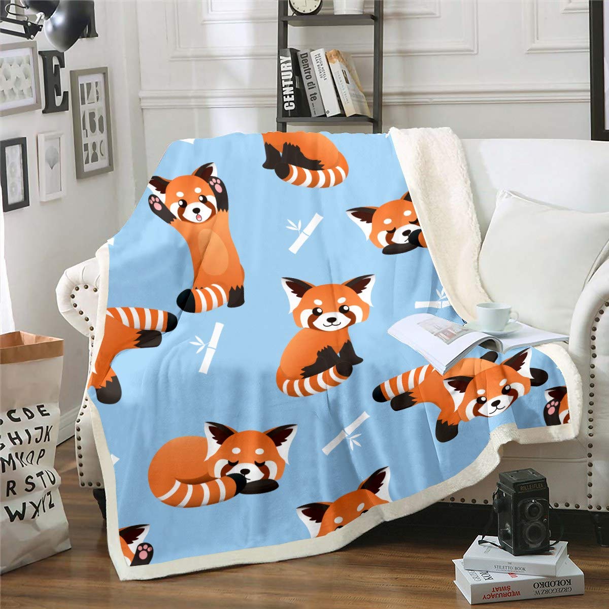 Feelyou Red Panda Throw Blanket Cute Animal Pattern Blanket for Kids Boys Girls Cartoon Panda Printed Fleece Blankets Wildlife Style Plush Blankets Child Room Decor Fuzzy Blanket Throw 50"x60" BlueOEKO-TEX STANDARD 100