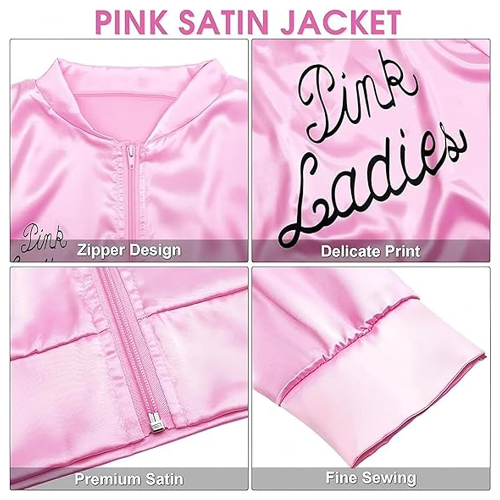 GWAWG Pink Ladies Jacket Grease Fancy Dress Women,Lady Jackets Adults with 1950s Accessories,50s Ladys Pink Satin Jacket for Women Halloween Christmas Carnival 80s Party - 5