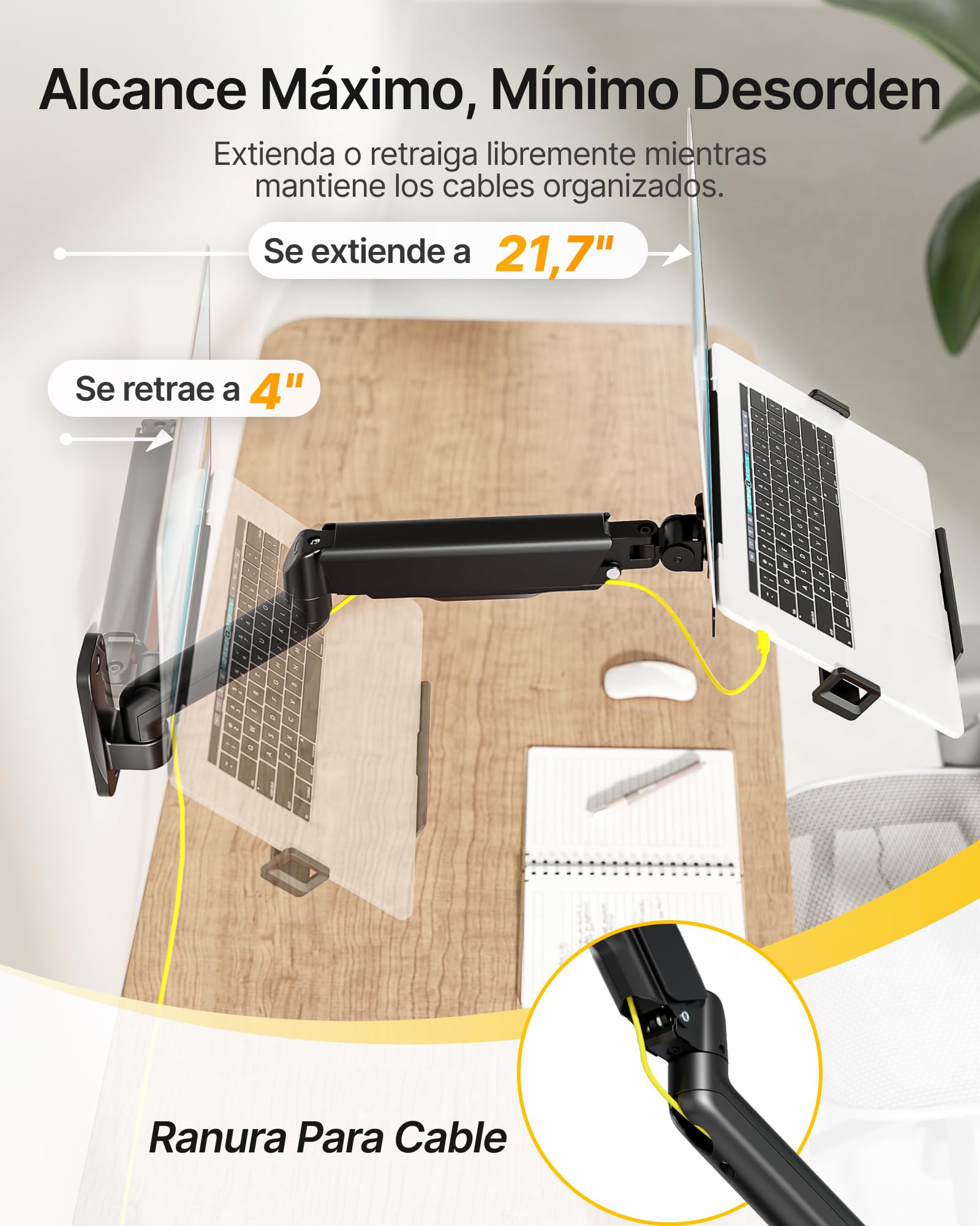 monTEK Soporte Pared 2en1 Monitor 17-32" Portátil 12-18", VESA 75/100 | hasta 9kg，Bandeja portátil ajustable ergonómica, montaje mural sencillo, disipación calor, ideal para oficina y hogar