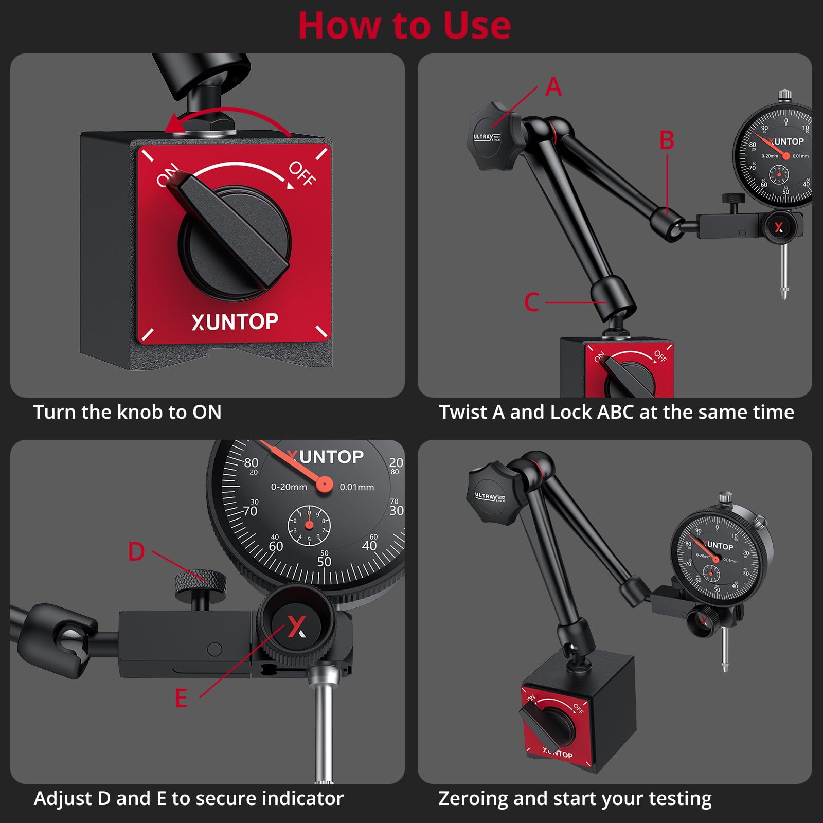 XUNTOP Reloj comparador de precisión con soporte magnético, 176 lbs/80 kg, fuerza de tracción, 0,01 mm, precisión 0-20 mm, rango de medición mecánico, ideal para laboratorio, taller, impresora 3D