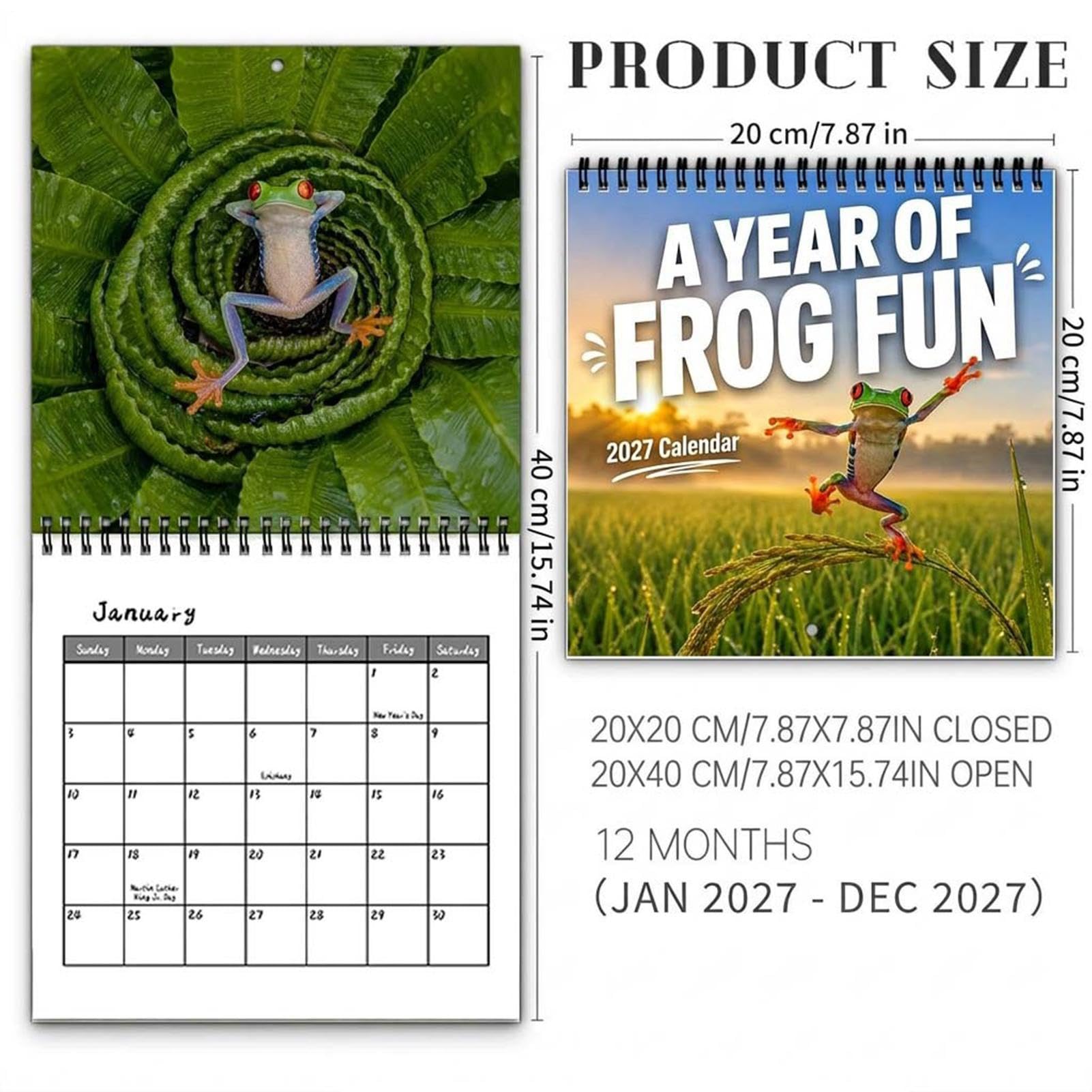 Calendrier grenouille 2027 à spirales avec motif grenouille