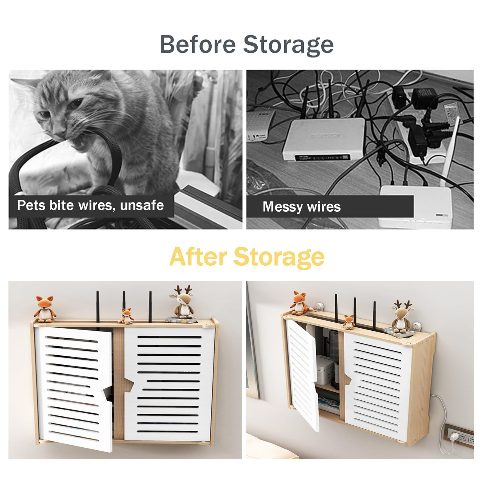 Porta Modem da Parete, Scatola di Immagazzinaggio per Router WiFi, Cavi, Prese, Mensola per Router WiFi da Parete - Doppia Porta, Legno Organizer Cavi per Casa e Ufficio(40×30cm,Double Layer)