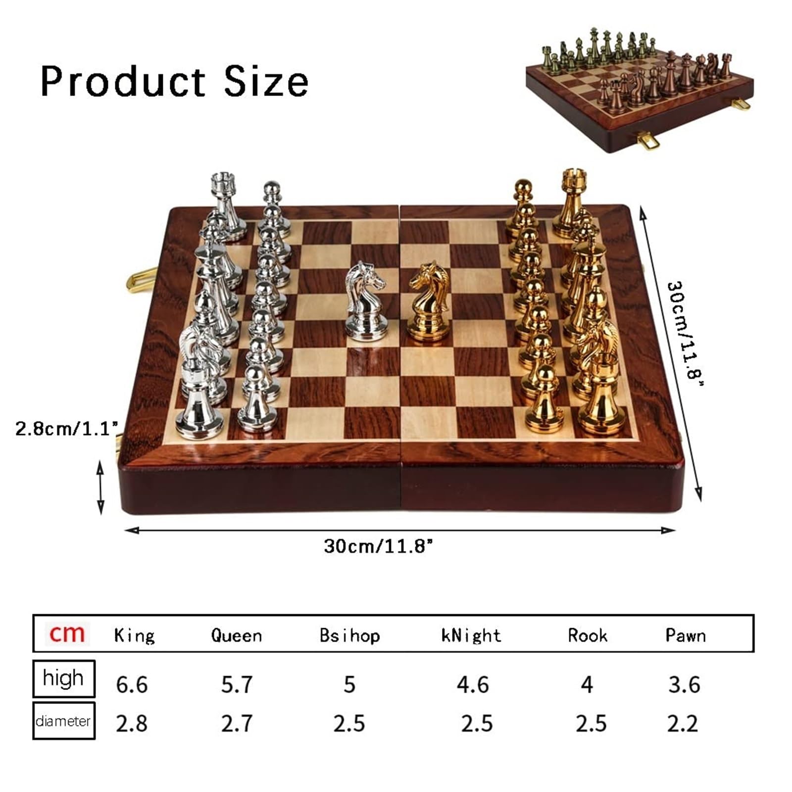 Set di scacchi retrò in metallo con scacchiera pieghevole in legno e pezzi standard classici fatti a mano for bambini e adulti scacchiera portatile