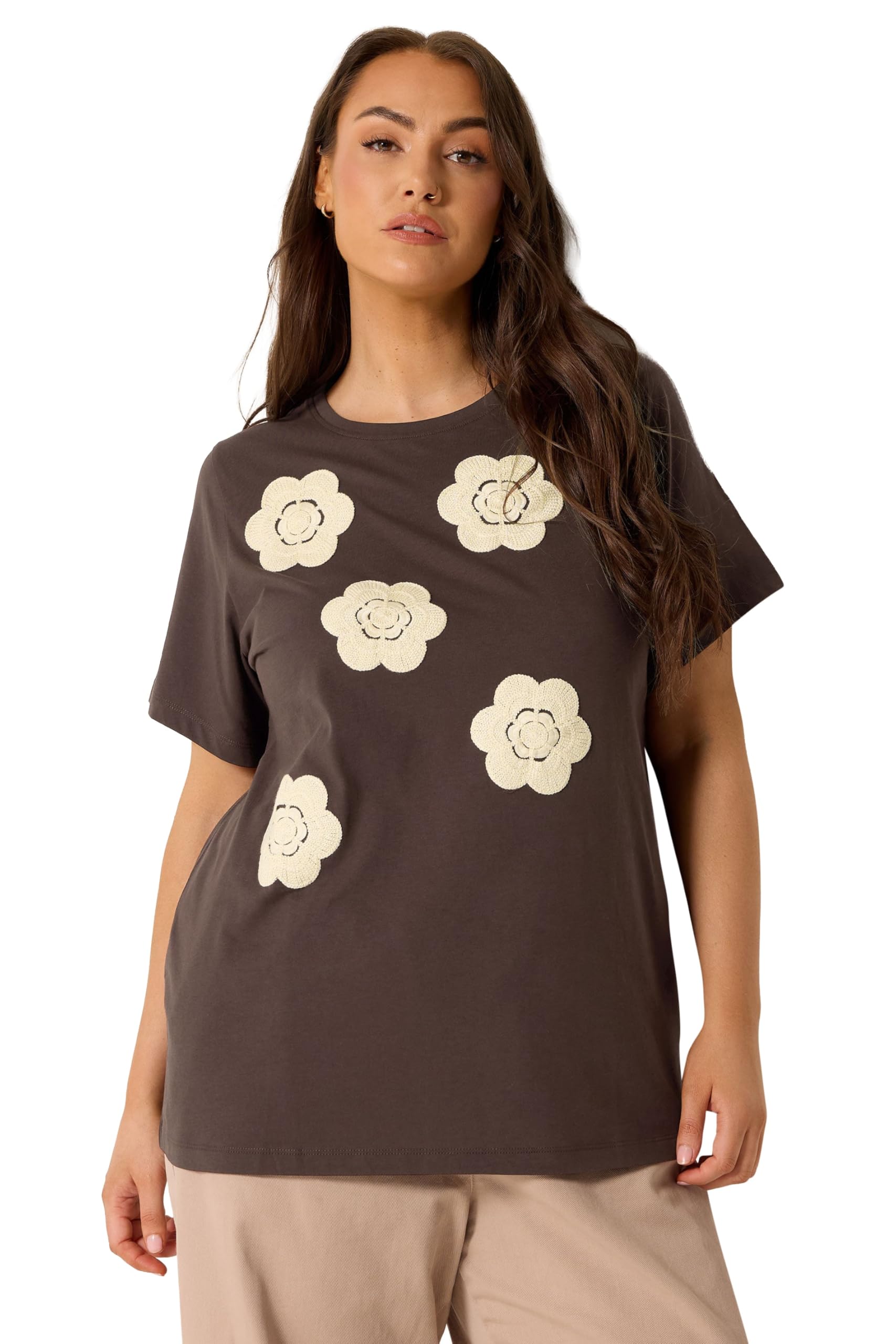 Yours Women's Chocolate Daisy Applique T-Shirt In | : 22/24