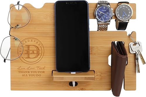 Miniatura 2 de awofer Estación de acoplamiento de madera para papá, organizador de mesita de noche grabada con soporte para teléfono, soporte para accesorios,