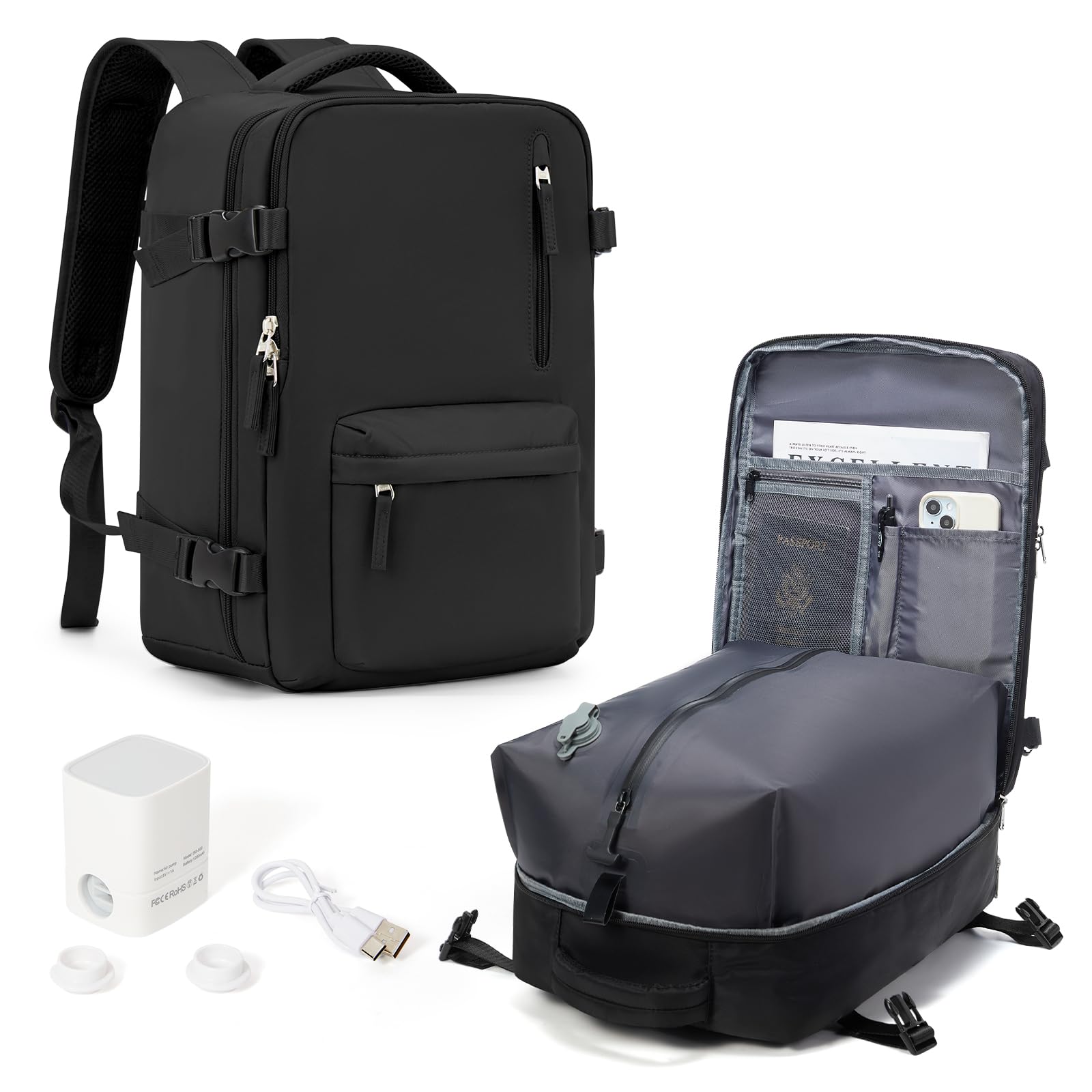 HPLQQ Zaino 40x30x20 per Ryanair Zaino Sottovuoto da Viaggio con Pompa | Aereo Bagaglio a Mano Easyjet Borsa da Cabina per Uomo e Donna Lavoro e Scuola Casual Daypack,R Nero