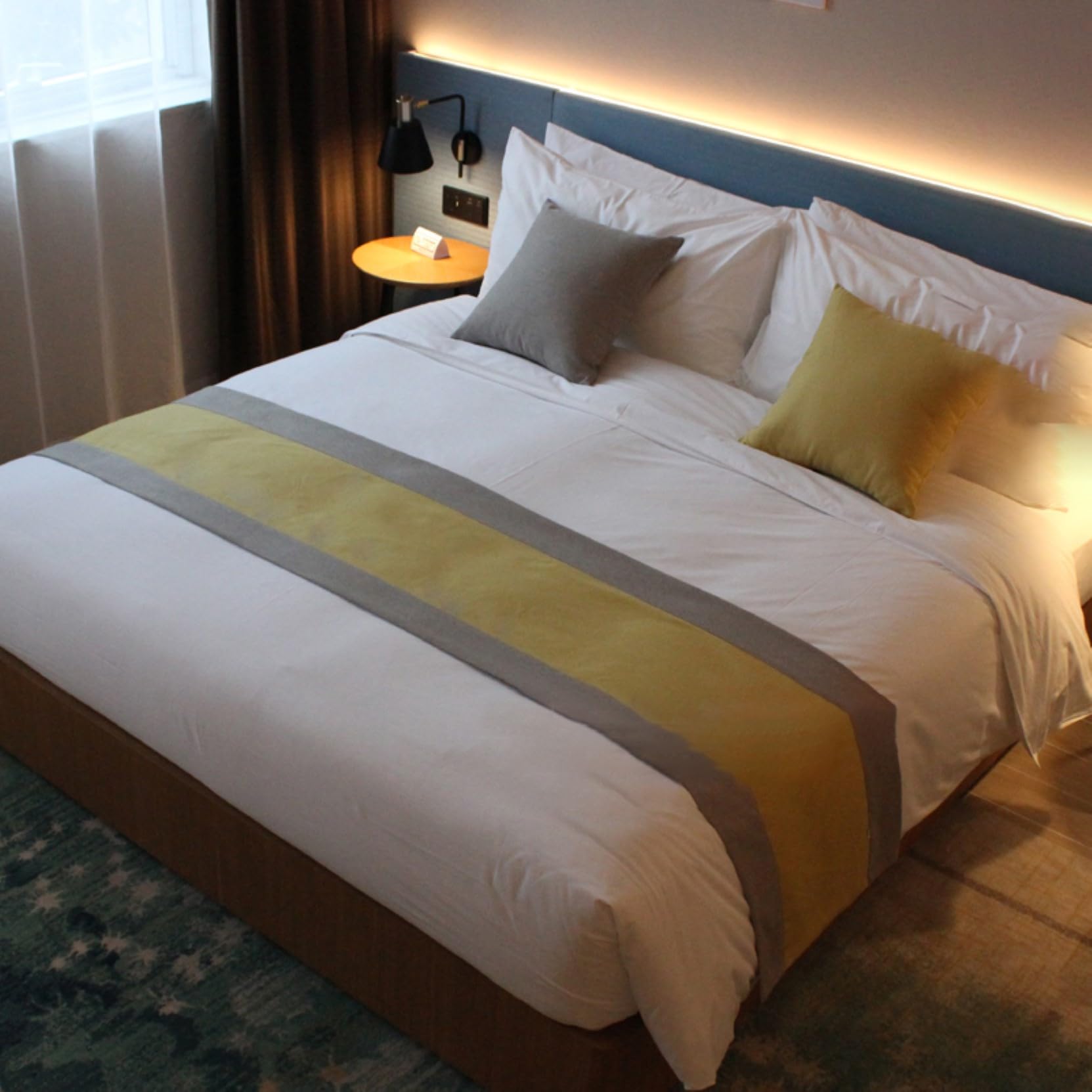 HLASMSPE Cotton Linen Bed Runner Throw, Bedspread Decor Bed Scarf Modern Bedding Cover Protection for Hotel Wedding, Yellow Grey 2, 50x210cm bed runner for 1.5m bed
