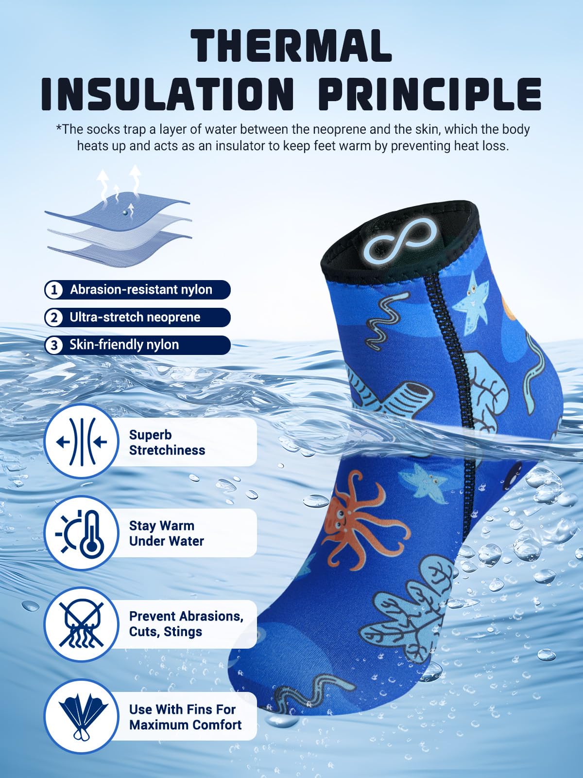Niños Niñas Calcetines Neopreno, 3MM Calcetines de Buceo Calcetines de Neopreno para Escarpines