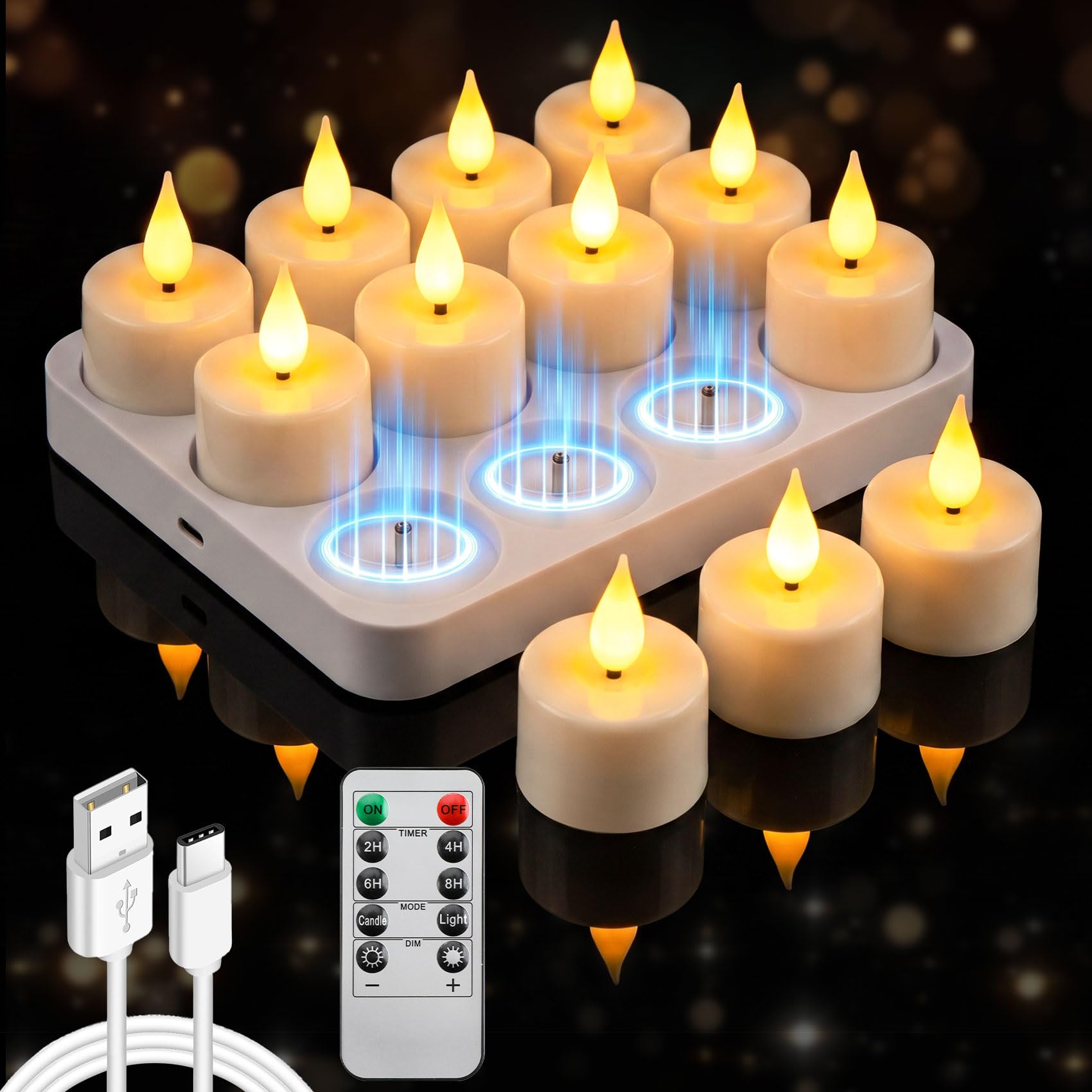 12 velas de té recargables, funcionan con pilas, sin llama, con temporizador remoto y base de carga, velas votivas parpadeantes LED para decoración de bodas y Halloween