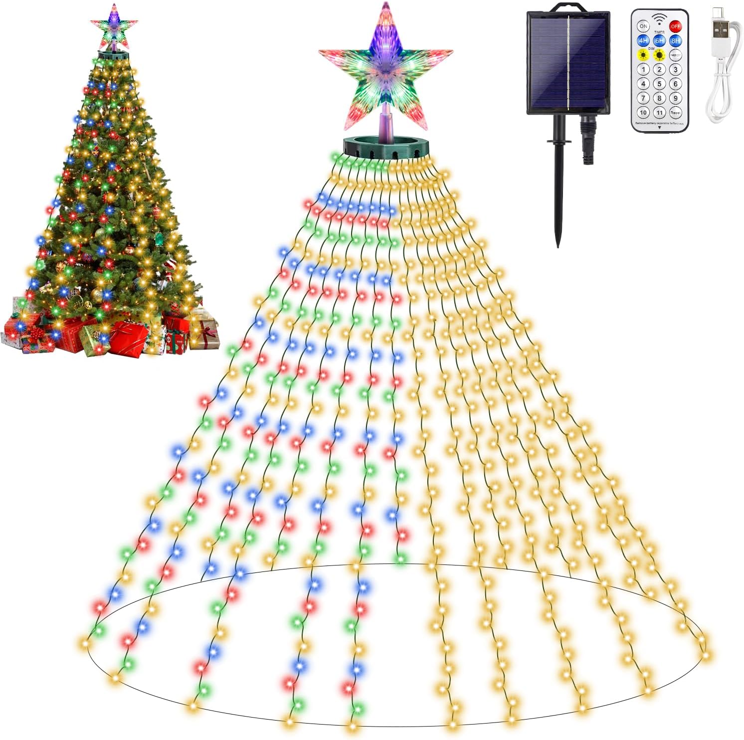 Solar Christmas Tree Lights with Star Topper, 400 LED 6.6FT