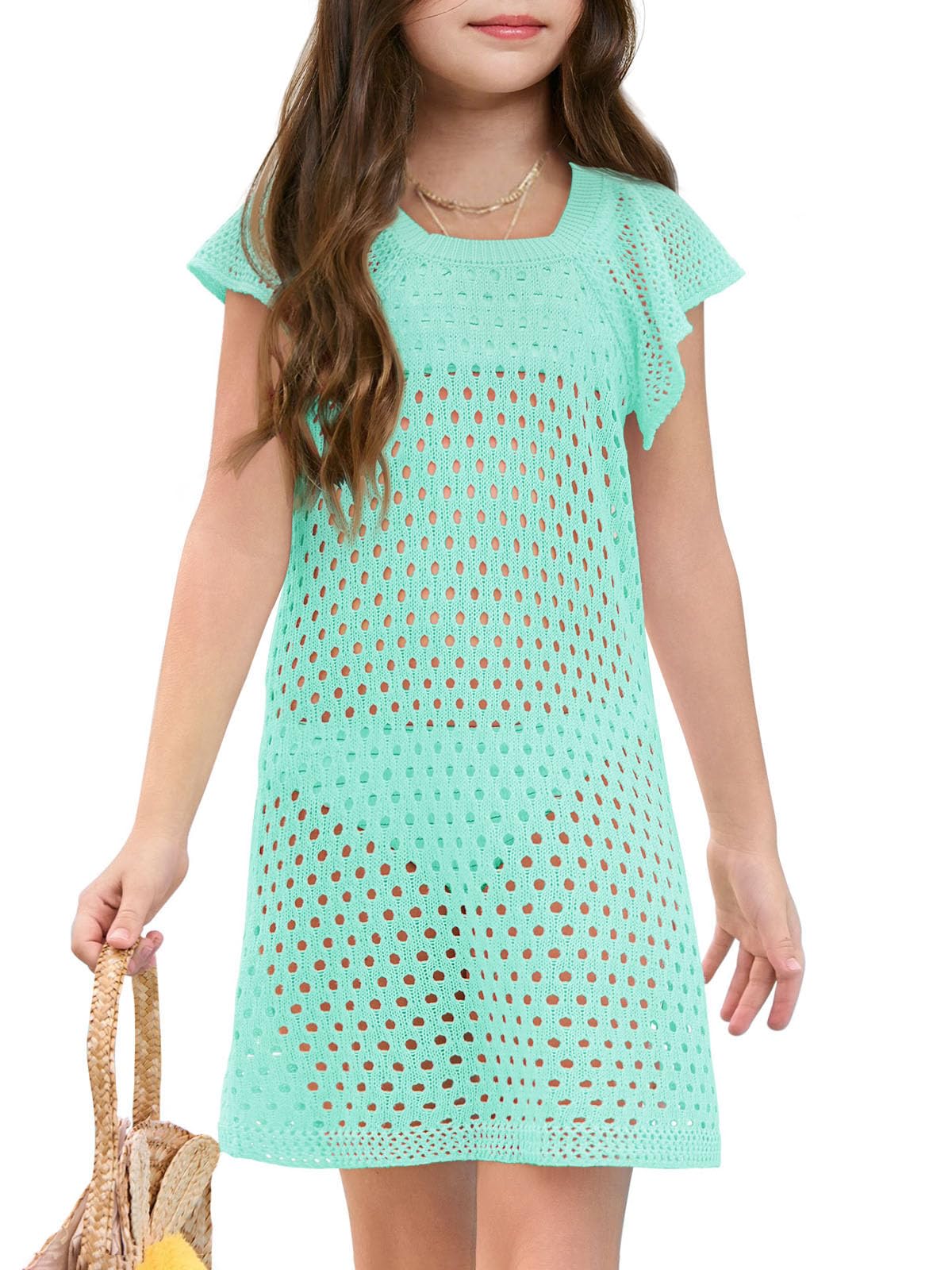 Haloumoning Cache-maillot de bain en crochet pour filles - Manches volantées - Robe de plage d'été ajourée - 5-14 ans