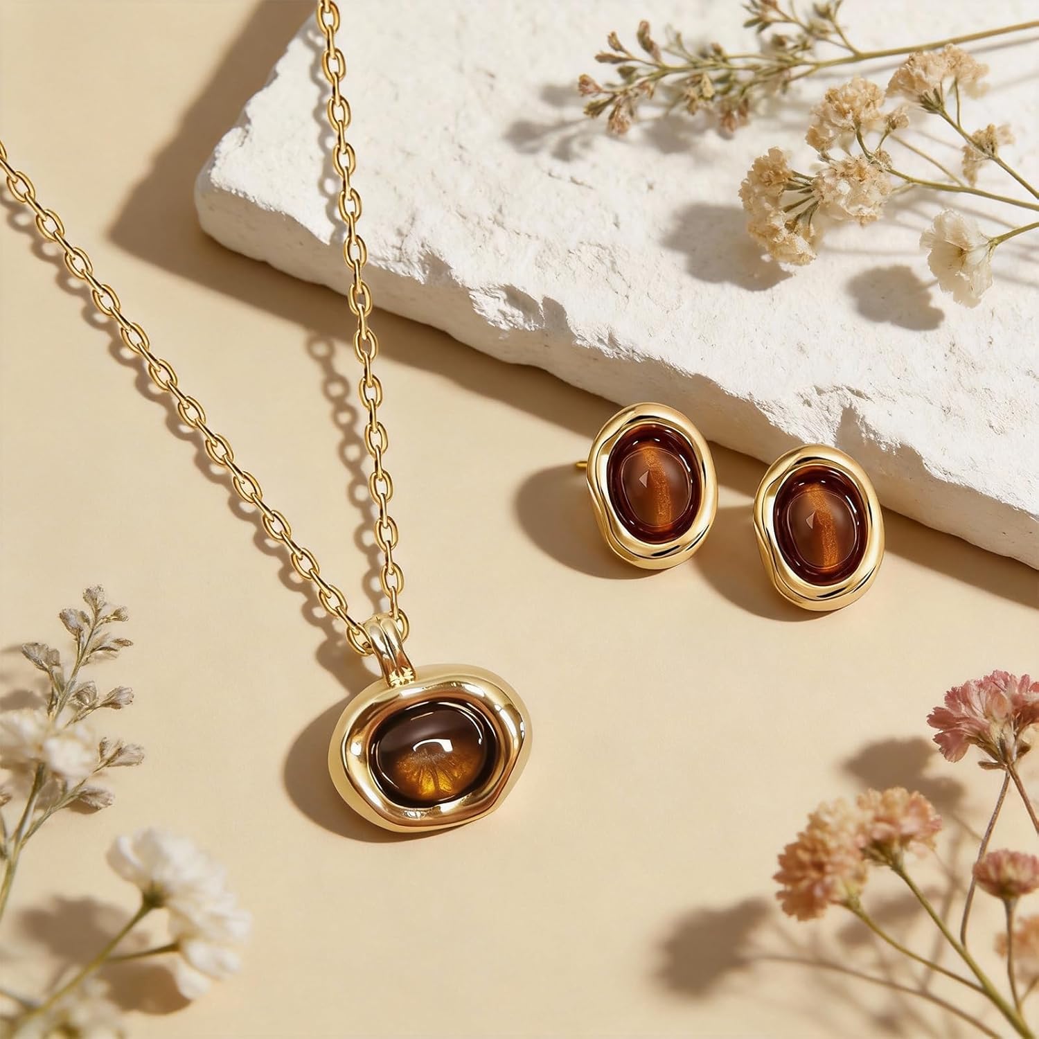 Tigers Eye Necklace and Earrings Set for Women,Gold Tone Vintage Jewelry Set with Brown Tiger Eye Stones,Natural Chunky Pendant Dangle Earring Set, Earthy Jewelry Gifts for Her - Image 7