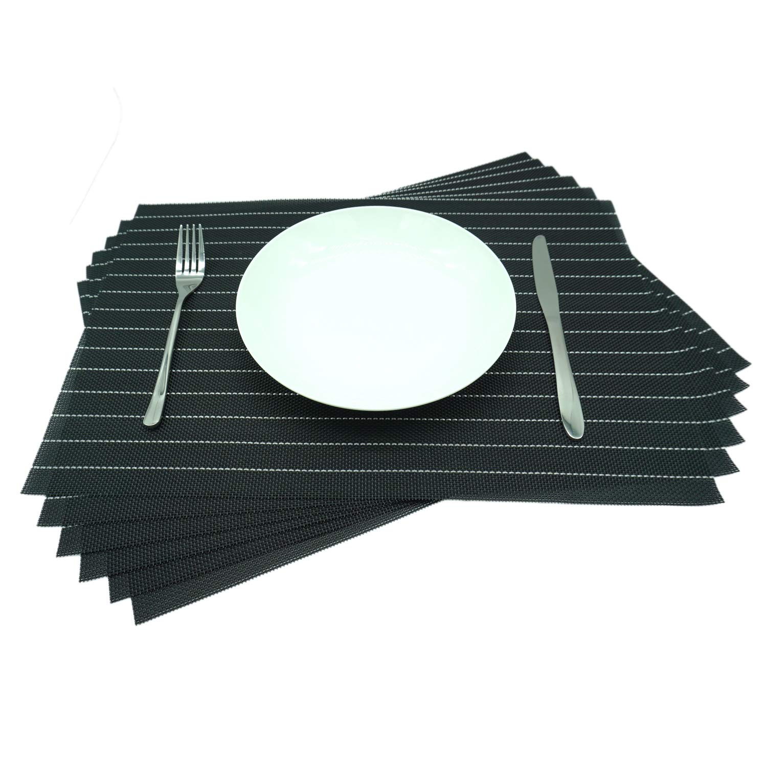 yara home décor Placemats Washable Kitchen Table Place Mat Stain-resistant Stripe Black PVC Woven set of 6, Heat Resistant Easy Clean