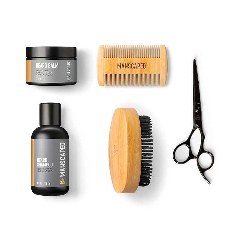 Kit de cuidados para barba MANSCAPED com shampoo, bálsamo, escova, pente e tesoura