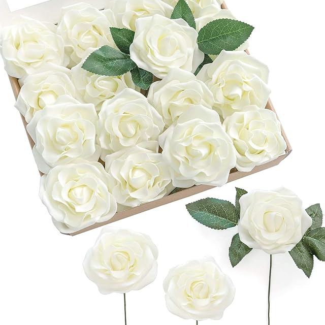 LOKIPA Artificial Rose Flower  , 30 Fake Ivory Cream Foam Roses With Stem for DIY Wedding Bouquets Centerpieces Arrangements Home Decorations