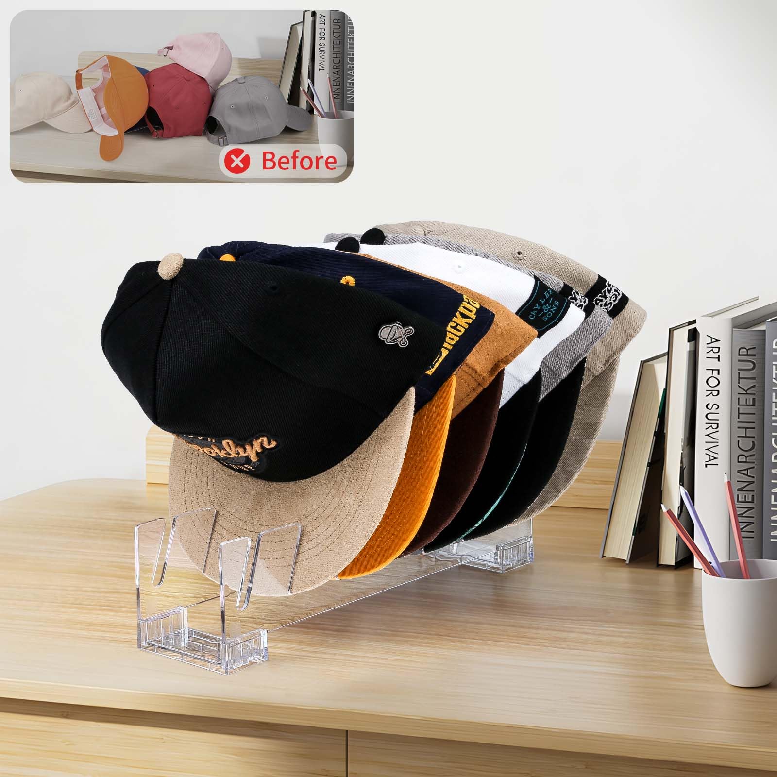 ZYBIDEAL Hat Stand for Baseball Caps, Removable Acrylic Hat Organizer for 14 Baseball Caps, Hat Racks Display and Storage for Closet, Bedroom, Dresser, Office (Clear, 2 Pack)