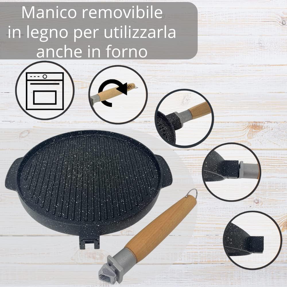 fashion home Pagano Padella Doppia Piastra Bistecchiera Pietra Antiaderente, Lato Grill e Liscio, Manico Removibile, Diametro 36 cm, Rivestimento Antiaderente