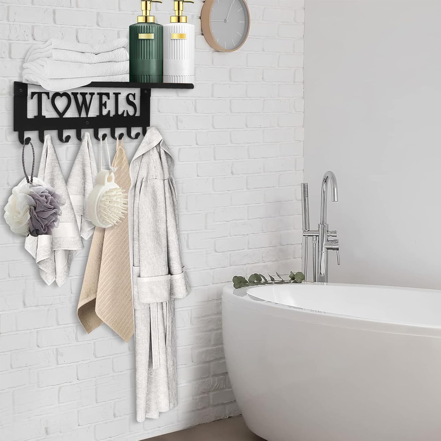 Towel Rack with Shelf 8 Hooks, Bathroom Towel Holder Metal Shelf Organizer, Wall Mounted Storage for Towels, Robes, Clothes in Bathroom, Kitchen, Bedroom,Home