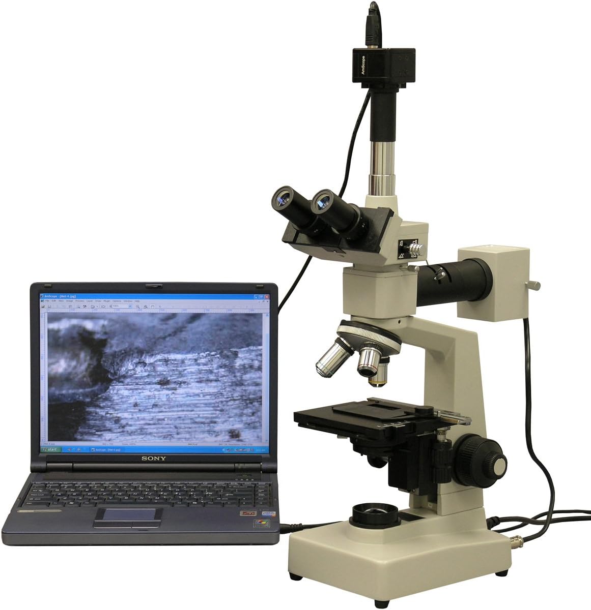 AmScope ME300TZC-2L-14M Digital Episcopic and Diascopic Trinocular Metallurgical Microscope, WF10x and WF25x Eyepieces, 40X-2500X Magnification, Halogen Illumination with Rheostat, Double-Layer Mechanical Stage, Sliding Head, High-Resolution Optics, Includes 14MP Camera with Reduction Lens and Software