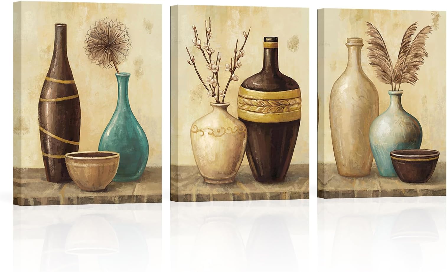 sechars Vintage Vase Wall Art Farmhouse Flowers Pampas Grass Painting Canvas Pictures Retro Brown Aesthetic Artwork Living Room Bedroom Decor (Brown, Small)